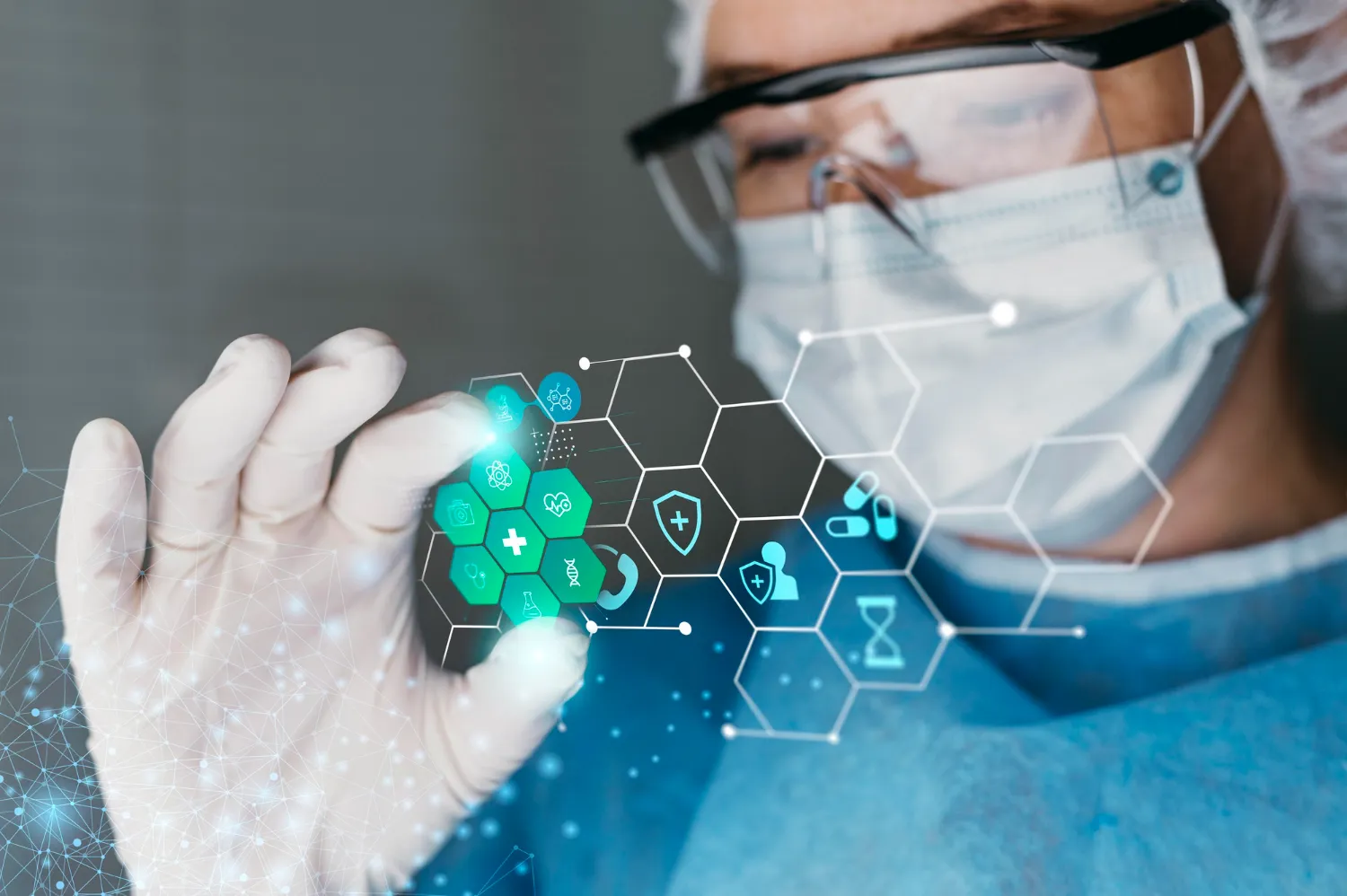 Researcher wearing protective gear interacting with digital hexagonal data icons via compliance automation software.